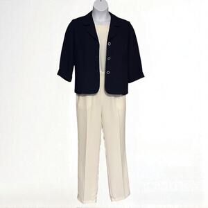Draper's & Damon's Pant Suit Sz 10 Top Jacket Pull On Trousers Sailor Blue Ivory